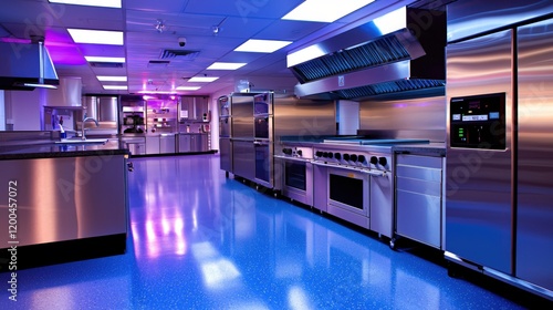 Modern Stainless Steel Commercial Kitchen Interior Design with Blue Floor