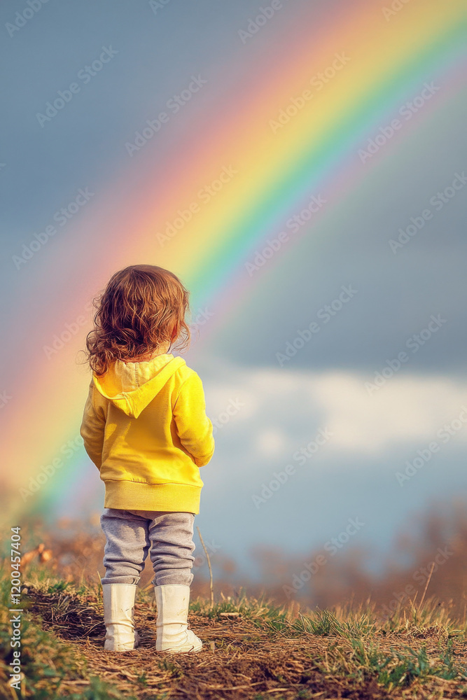A young child wearing a bright yellow hoodie gazes at a vivid rainbow in a cloudy sky, creating a sense of wonder and hope. A young child wearing a bright yellow hoodie gazes at a vivid rainbow in a cloudy sky, creating a sense of wonder and hope.
