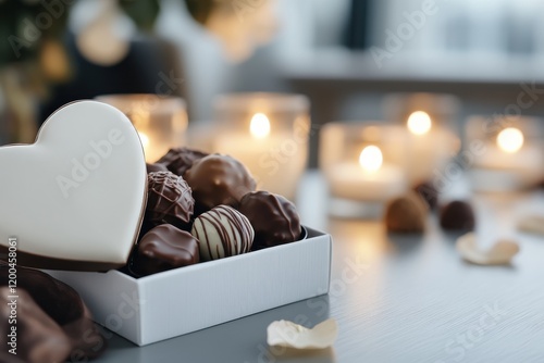 This striking image presents a stylish chocolate box filled with an assortment of heart-shaped and artisanal chocolates, elegantly displayed among soft candlelight and rose petals. photo