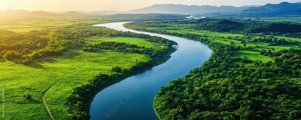 A river with green trees on both sides A river with green trees on both sides
