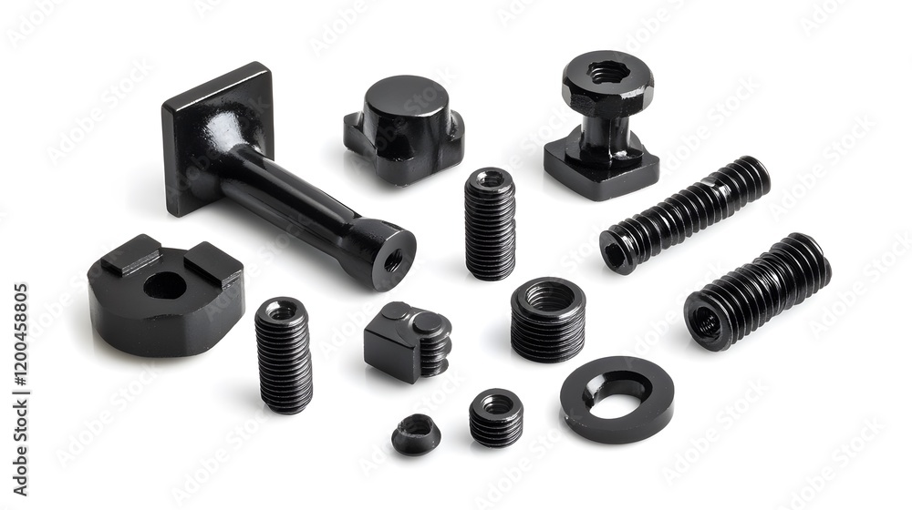Black metal fasteners and components on white background; industrial parts; manufacturing; engineering Black metal fasteners and components on white background; industrial parts; manufacturing; engineering