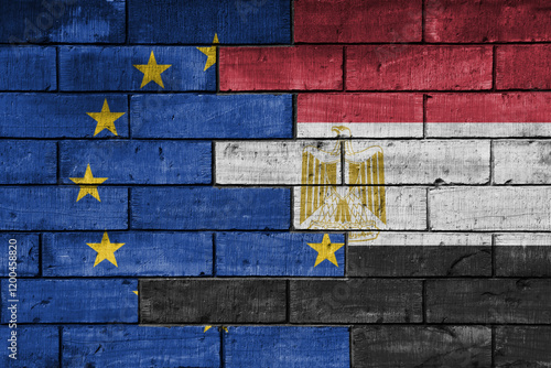 colourful painted big flag of european union and flag of egypt on a massive old brick wall background. concept photo