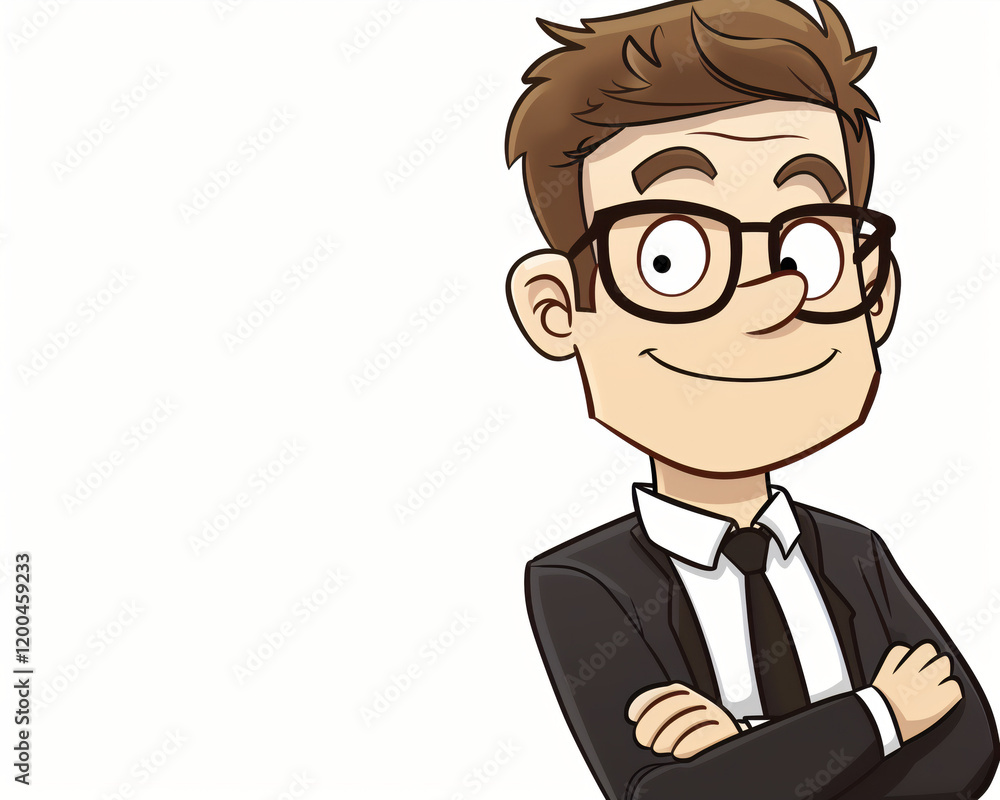 Cartoon Businessman Illustration in Suit and Glasses with Confident Pose, Perfect for Business Presentations and Marketing Materials Cartoon Businessman Illustration in Suit and Glasses with Confident Pose, Perfect for Business Presentations and Marketing Materials