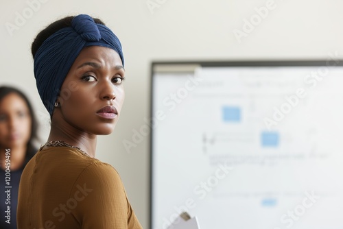 Young Latina businesswoman leads engaging seminar on new marketing strategies for diverse team members at a corporate setting photo