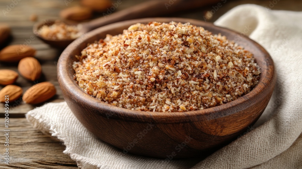 Delicious Almond Flour in a Wooden Bowl Delicious Almond Flour in a Wooden Bowl
