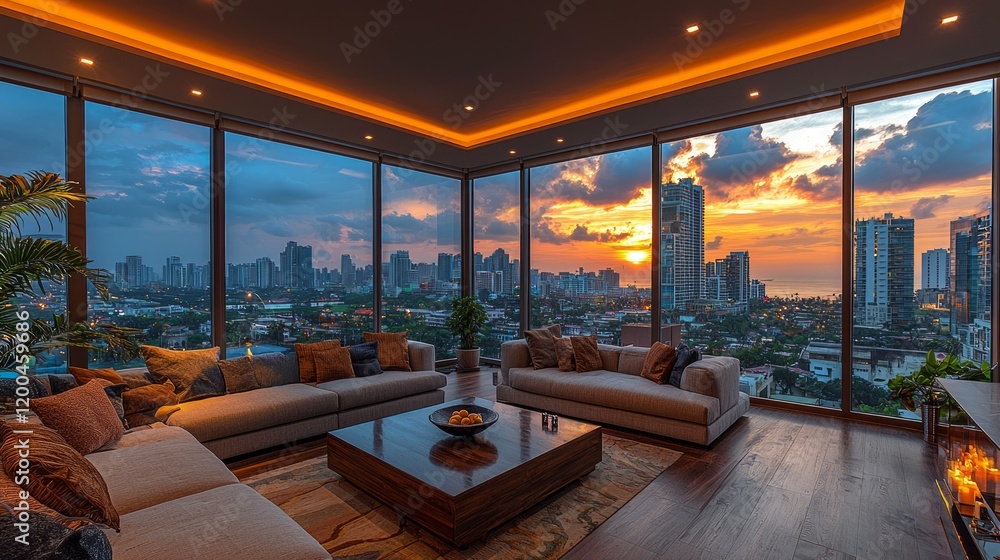 Luxury apartment sunset city view living room Luxury apartment sunset city view living room