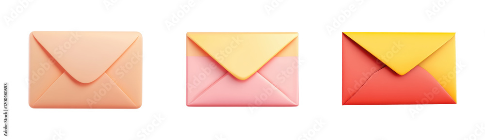 Pastel Envelopes Trio: Three square envelopes in soft pastel shades of peach, pink, and coral, arranged in a row, offering a delightful palette of color. Ideal for branding, stationery. Pastel Envelopes Trio: Three square envelopes in soft pastel shades of peach, pink, and coral, arranged in a row, offering a delightful palette of color. Ideal for branding, stationery.