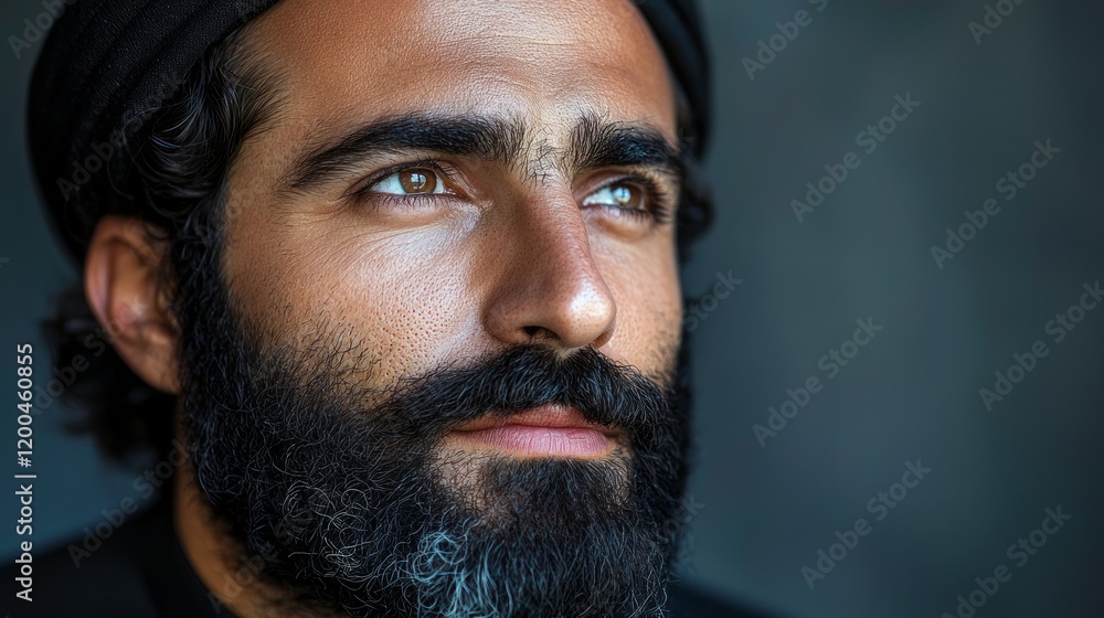 Obraz premium Man, beard, turban, thoughtful, portrait, studio, background, contemplative, stock photo