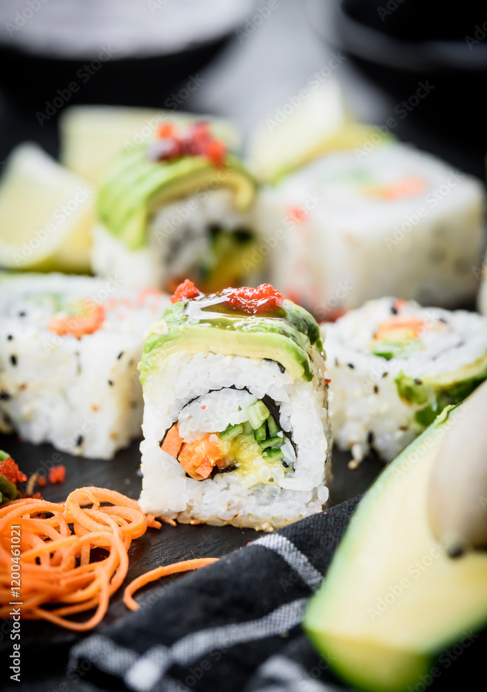 Fresh made colorful sushi served Fresh made colorful sushi served