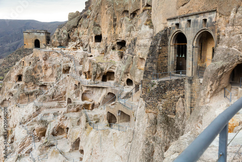 Popular ancient cave city with the monastery complex of Vardzia  carved into the bowels of the rock of Erusheti  ..Georgia