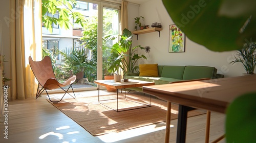 Sunny Modern Living Room with Green Sofa Plants and Butterfly Chair photo