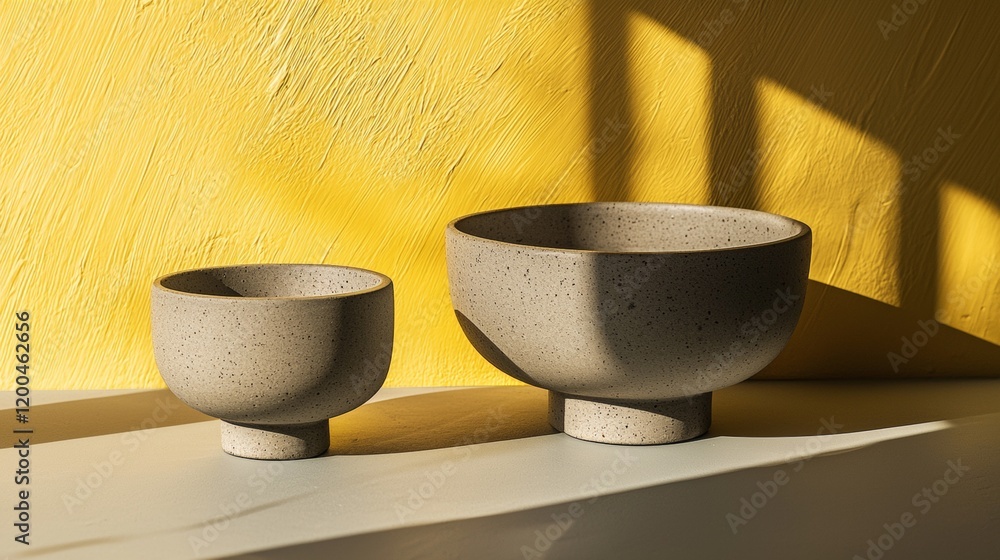 Minimalist Stone Bowls with Yellow Wall Backdrop Minimalist Stone Bowls with Yellow Wall Backdrop