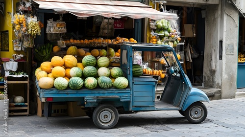 Fototapeta Naklejka Na Ścianę i Meble -  Fruit vendor's Ape truck loaded with melons, parked outside a shop in an Italian town