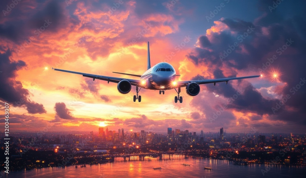 Airplane Flying at Sunset Above Blurred City Skyline Airplane Flying at Sunset Above Blurred City Skyline