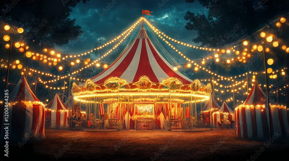 A carnival with a big red and white tent in the center. the carnival is lit up with lights and has a festive atmosphere. Vintage Carnival Lights. Illustration A carnival with a big red and white tent in the center. the carnival is lit up with lights and has a festive atmosphere. Vintage Carnival Lights. Illustration