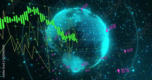 Image of network of connections and data processing over globe on black background photo