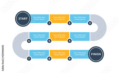 9 Steps Infographic Timeline with Editable Text for Business Presentation, Poster, Banner and Booklet.