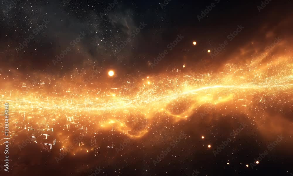 Golden cosmic stream, nebula background, space, energy flow, abstract art