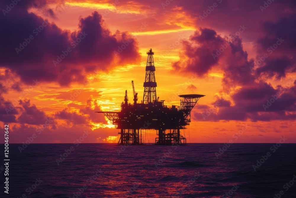 Oil rig silhouetted against vibrant sunset sky over ocean horizon. Generative AI Oil rig silhouetted against vibrant sunset sky over ocean horizon. Generative AI