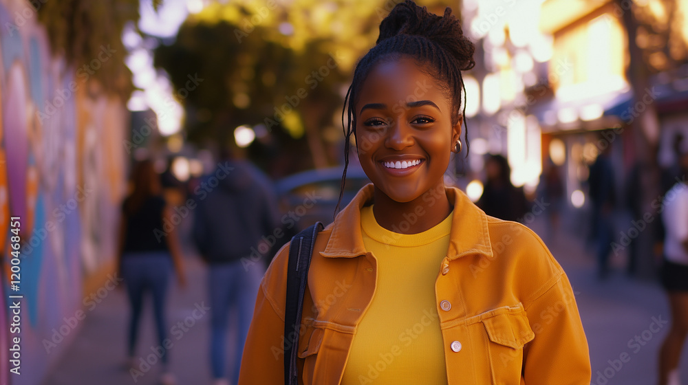 Fototapeta premium Cheerful Black Woman on a Bustling Urban Street