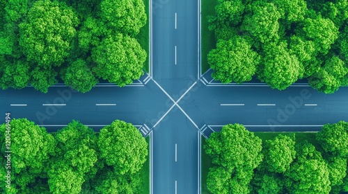 Aerial View of Road Intersection Surrounded by Lush Green Trees
