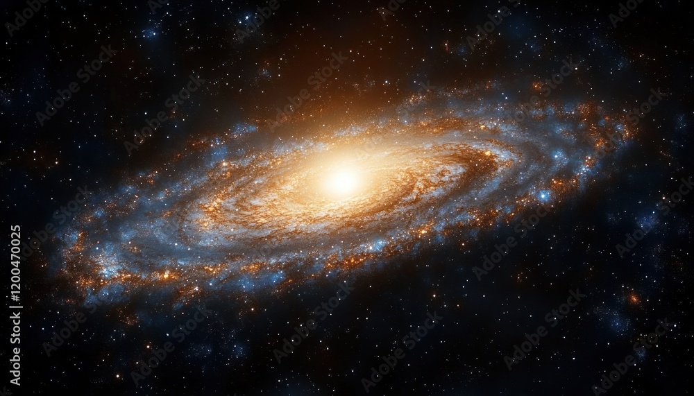Fototapeta premium Vibrant Spiral Galaxy View with Cosmic Dust and Bright Core in Space