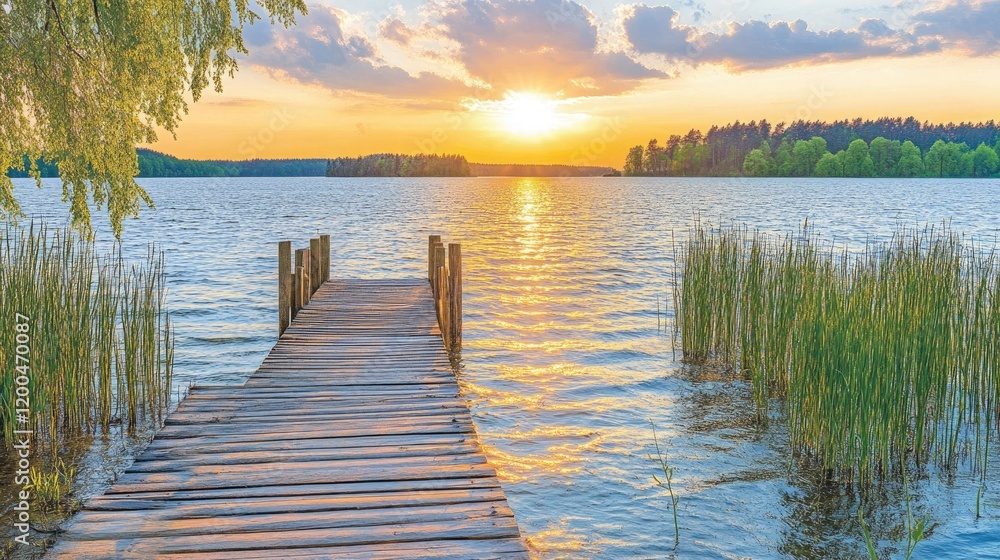 Obraz premium Sunset over calm lake, wooden dock, reeds, peaceful evening scene