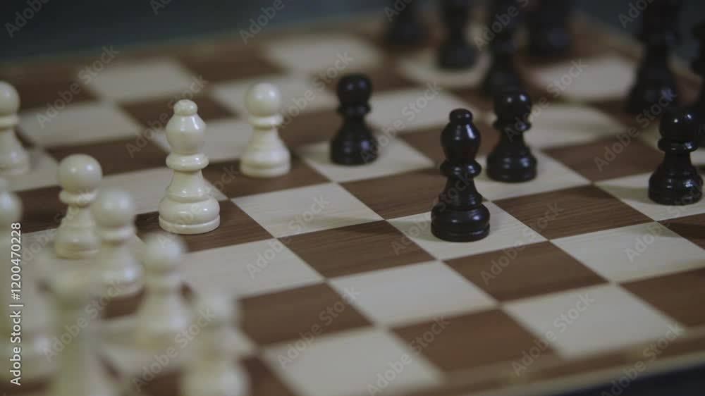 A chess player moves a black pawn one square forward, making a move in the game, and places it on a white square, slow motion, close-up, camera does not move A chess player moves a black pawn one square forward, making a move in the game, and places it on a white square, slow motion, close-up, camera does not move