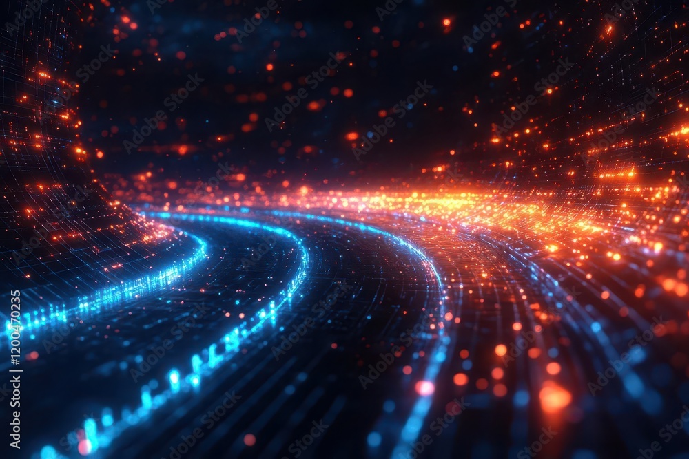 futuristic data streams visualization neon blue light trails flowing through dark space dynamic binary patterns cyberpunk aesthetic with geometric grid futuristic data streams visualization neon blue light trails flowing through dark space dynamic binary patterns cyberpunk aesthetic with geometric grid