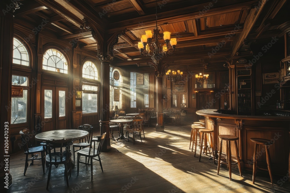 Naklejka premium Grand saloon interior featuring wooden pillars, vintage chandeliers, and sunlight streaming through arched windows
