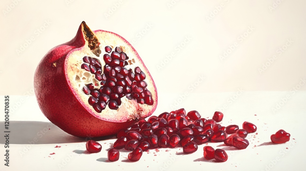 Half a pomegranate with seeds spilled on white background. Half a pomegranate with seeds spilled on white background.