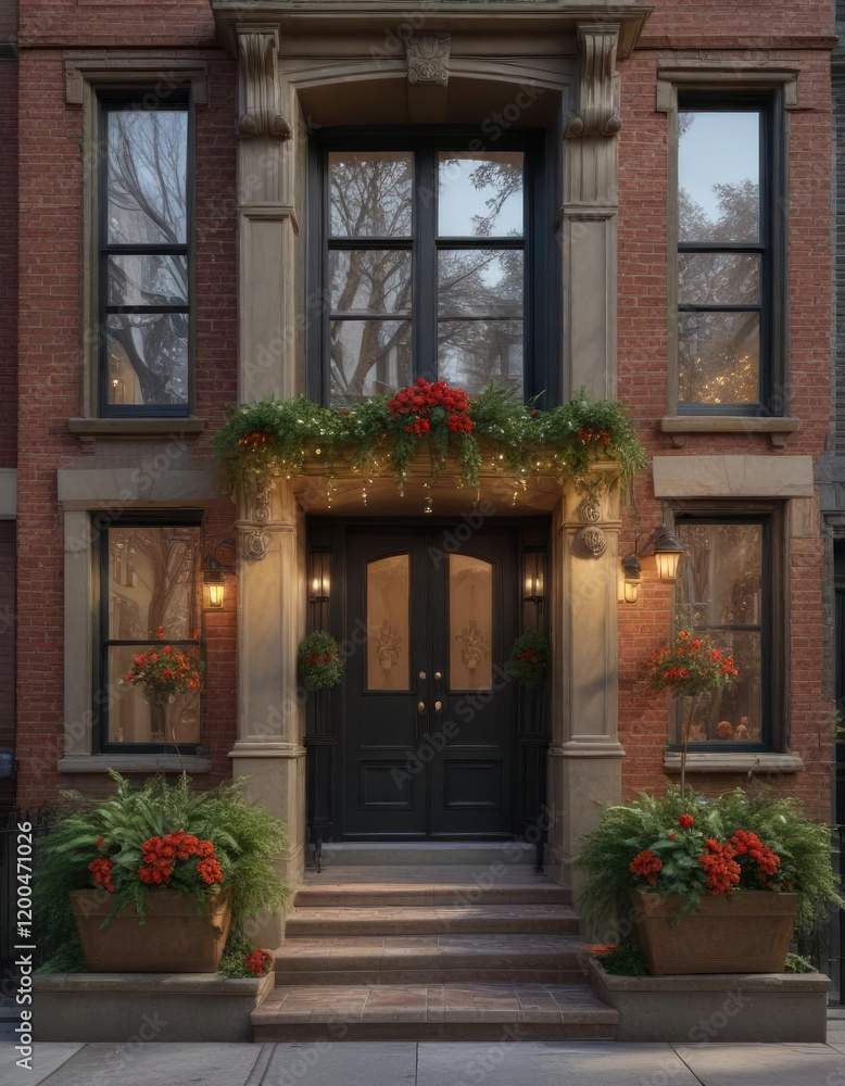 A beautifully decorated brownstone with festive window boxes filled with evergreen and holly, exterior, architecture, holly A beautifully decorated brownstone with festive window boxes filled with evergreen and holly, exterior, architecture, holly