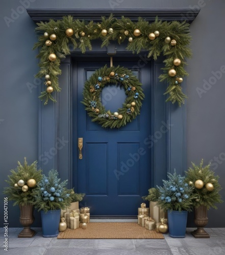 A beautifully decorated blue front door featuring a festive Christmas wreath with pine cones, blue and gold ornaments, and natural elements , winter landscape, frosty evening