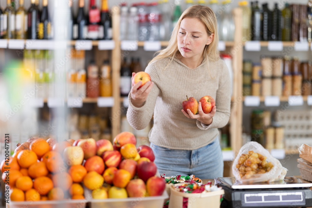 Young woman buyer choosing fresh fruits apples in grocery store Young woman buyer choosing fresh fruits apples in grocery store