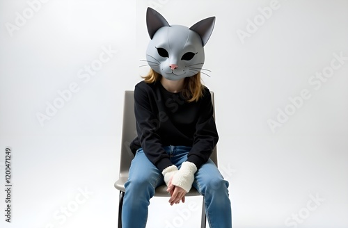 quadrober, teenage girl in gray cat mask sits on chair , black clothes, blue jeans ,mittens on hands cat paws, white studio background  photo