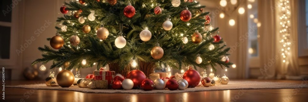 Fototapeta premium A beautifully lit Christmas tree surrounded by shimmering ornaments and soft glow from light sources, shining, ornaments, beautiful