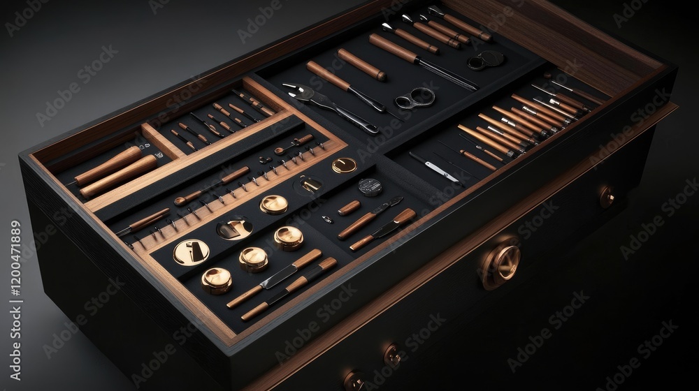 A sleek tool chest with labeled compartments for different tool categories. A sleek tool chest with labeled compartments for different tool categories.
