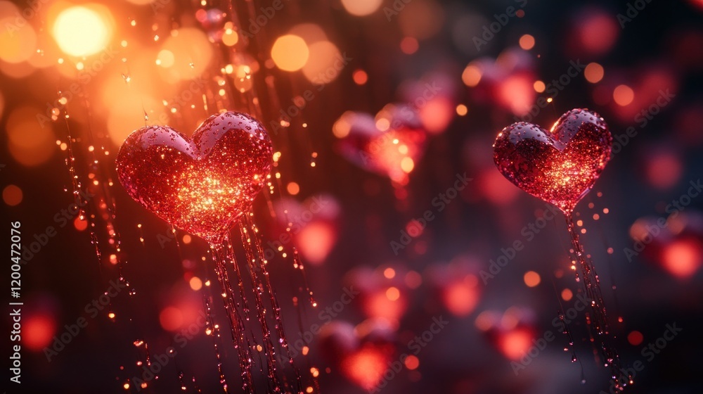 Glittering hearts falling, bokeh background, romantic, Valentine's Glittering hearts falling, bokeh background, romantic, Valentine's