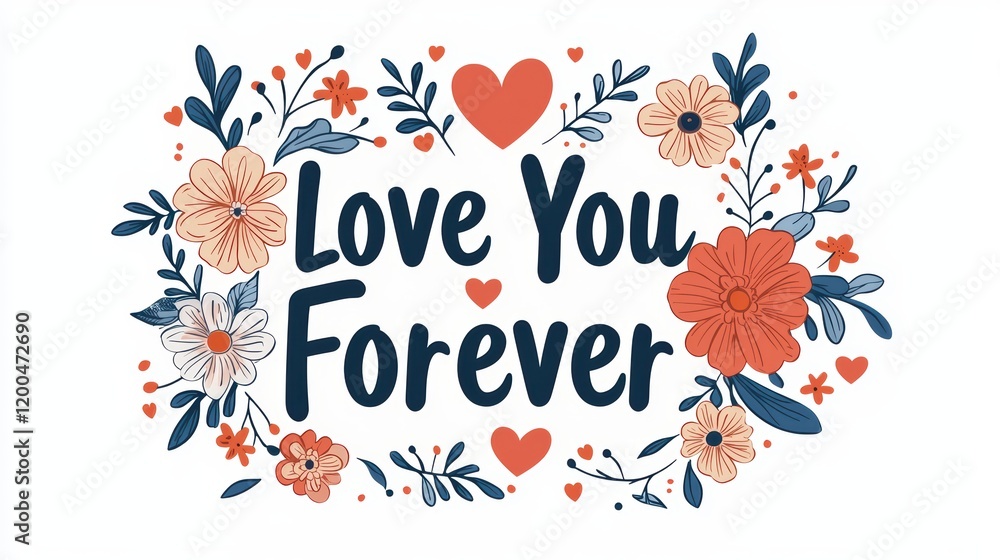 Floral Design with Text Love You Forever on a White Background Floral Design with Text Love You Forever on a White Background