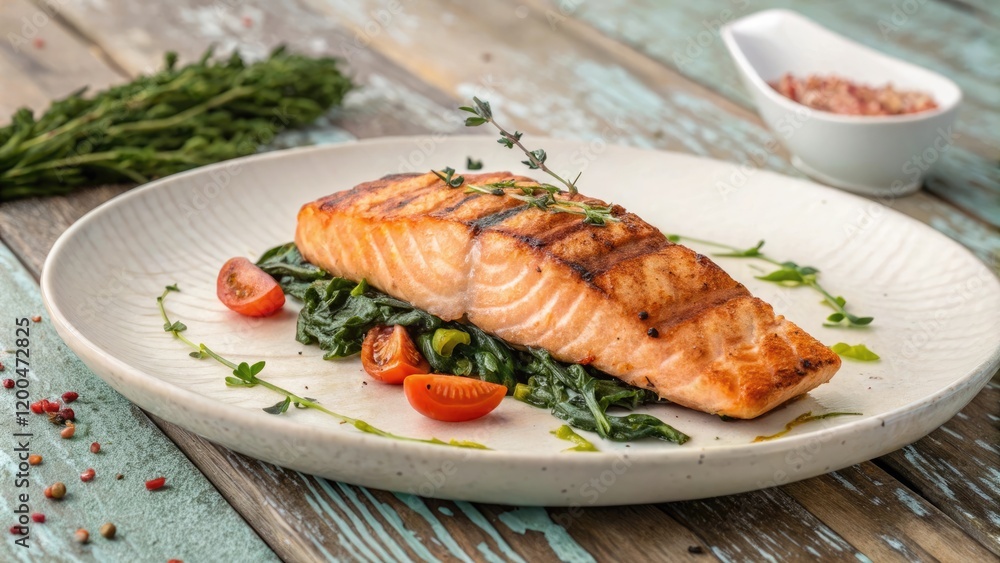 A delicate pattern of seaweed and coral fills the background as a beautifully grilled salmon fillet sits on a rustic wooden table, coastal decor, oceanic elegance A delicate pattern of seaweed and coral fills the background as a beautifully grilled salmon fillet sits on a rustic wooden table, coastal decor, oceanic elegance