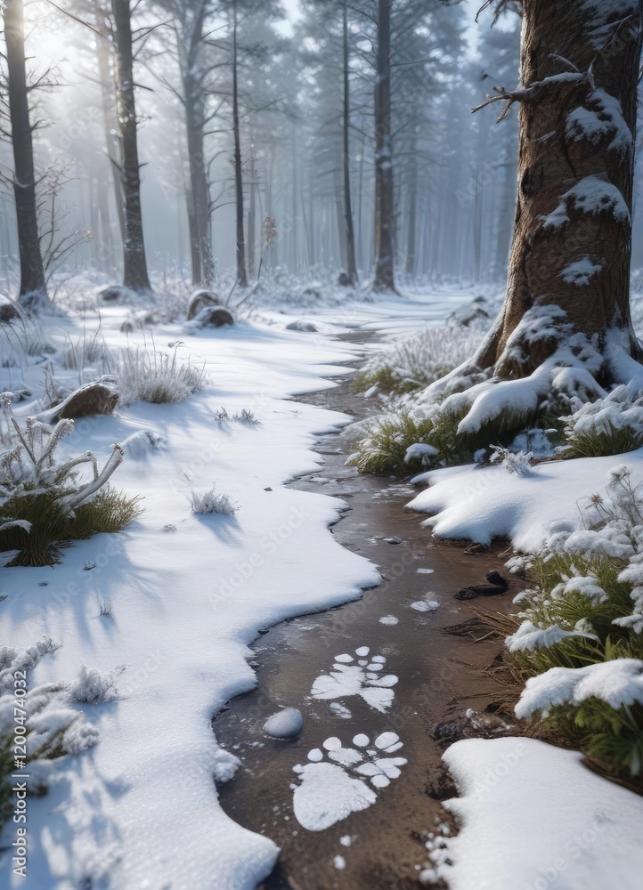 A forest floor covered with snow and ice with an owl's footprint visible in the frosty landscape, owl, cold, christmas A forest floor covered with snow and ice with an owl's footprint visible in the frosty landscape, owl, cold, christmas