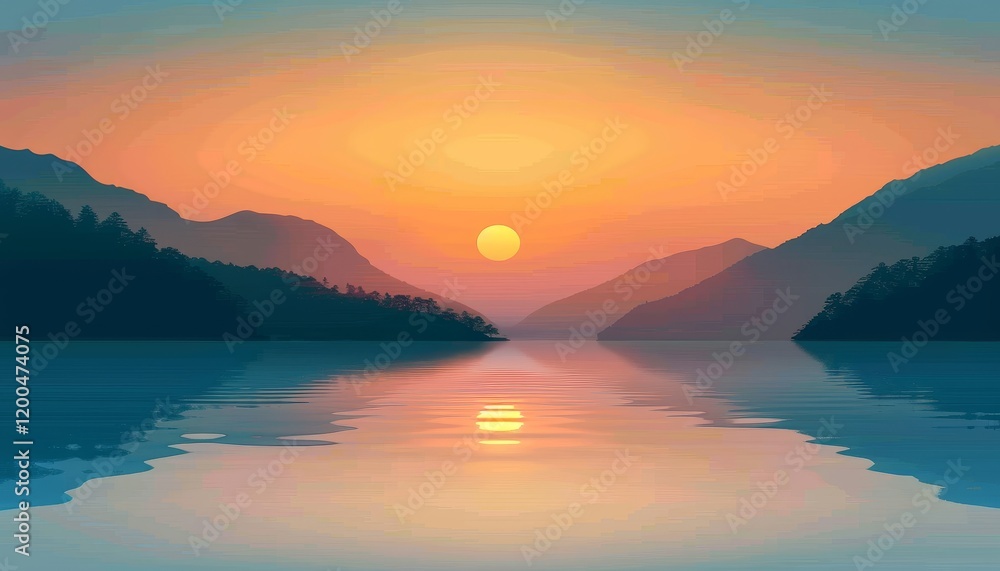 A serene sunset over a still lake surrounded by mountains, the orange sky reflecting in the water. A serene sunset over a still lake surrounded by mountains, the orange sky reflecting in the water.