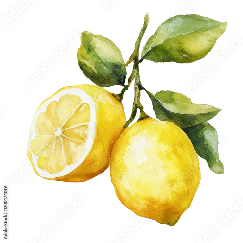 Beautiful watercolor drawing of fresh lemons with leaves on a transparent background, lemons in drawing isolated on transparent background