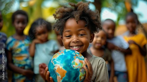 Happy African children holding an earth globe in their hands outdoors