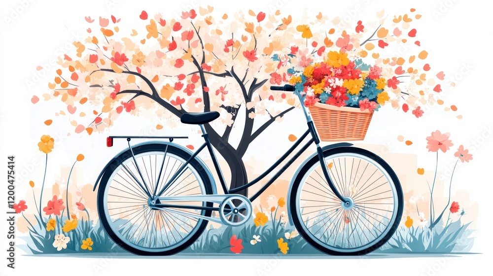 Fototapeta premium Bicycle with flower basket near blooming tree.