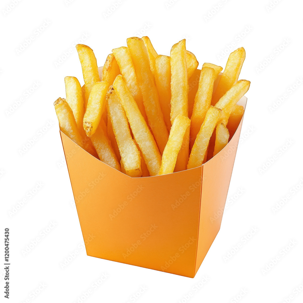 container filled with golden. crispy french fries. presented in a vibrant orange box the fries are neatly arranged. showcasing their appealing texture and color. making it an enticing snack option com container filled with golden. crispy french fries. presented in a vibrant orange box the fries are neatly arranged. showcasing their appealing texture and color. making it an enticing snack option com