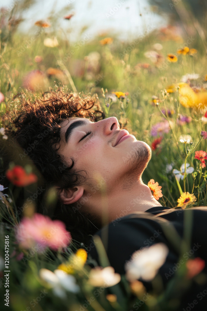 Naklejka premium Young man with curly hair relaxes in a blooming meadow, surrounded by vibrant flowers and basking in sunlight.