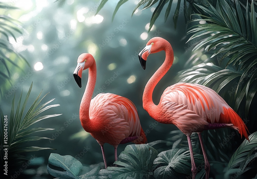 Fototapeta premium Tropical Landscape with Pink Flamingos and Lush Greenery for Interior Decor and Digital Art