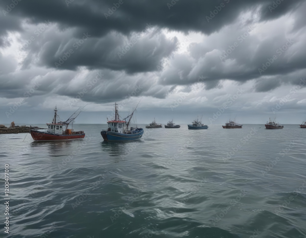 Obraz premium A large body of saltwater with some fishing boats in the distance under a dense and overcast cloudy sky , sea, vessels