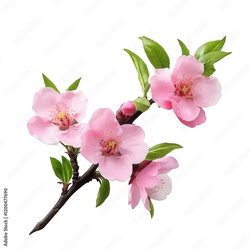 Naklejka premium a delicate branch featuring pink blossoms and vibrant green leaves. showcasing the beauty of nature in spring intricate details of the flowers and foliage. making it suitable for floral designs. natu